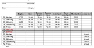 Excel-Tabelle zur Aufzeichnung der Arbeitszeiten