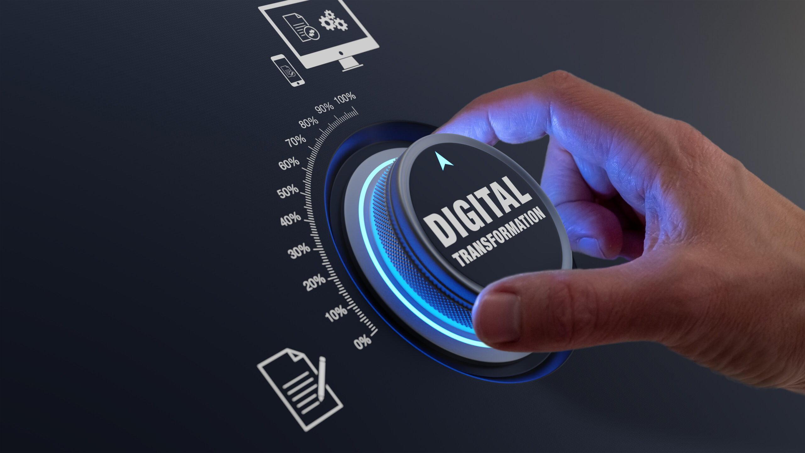 Digital transformation using information technologies as cloud computing, business process management and automation to improve efficiency. Concept with hand turning knob to increase data digitization