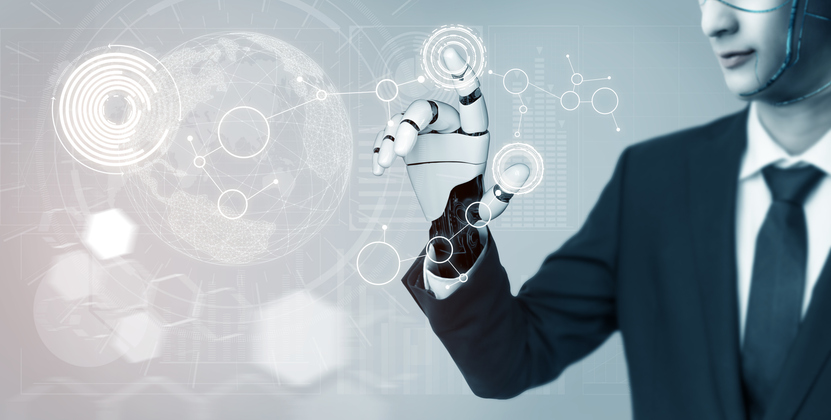 3D Rendering futuristische Robotertechnologieentwicklung, künstliche Intelligenz KI und maschinelles Lernkonzept. Globale robotergestützte bionische Wissenschaftsforschung für die Zukunft des menschlichen Lebens.