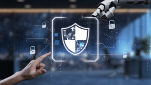 menschliche und Roboter-Hand mit Sicherheitssymbol © Shinsei Motions iStock Getty Images Plus