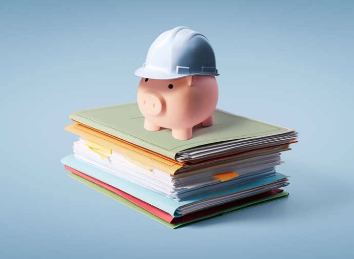 Sparschwein auf Papierstapel mit Schutzhelm