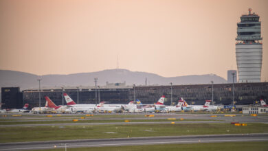 Schwechat, Austria - May 18, 2016: Schwechat airport with control tower and terminal