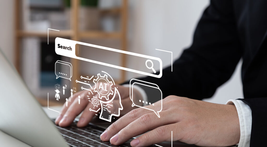 Chatbot with AI (Artificial Intelligence), search engine, businessman using laptop connection to AI, use command prompt for generates idea something or solve problems, digital transformation, SEO.