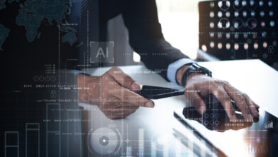 Data science. Man programmer using digital tablet computer analyzing and develop software on futuristic virtual interface screen. Algorithm. digital marketing, big data analysis and management