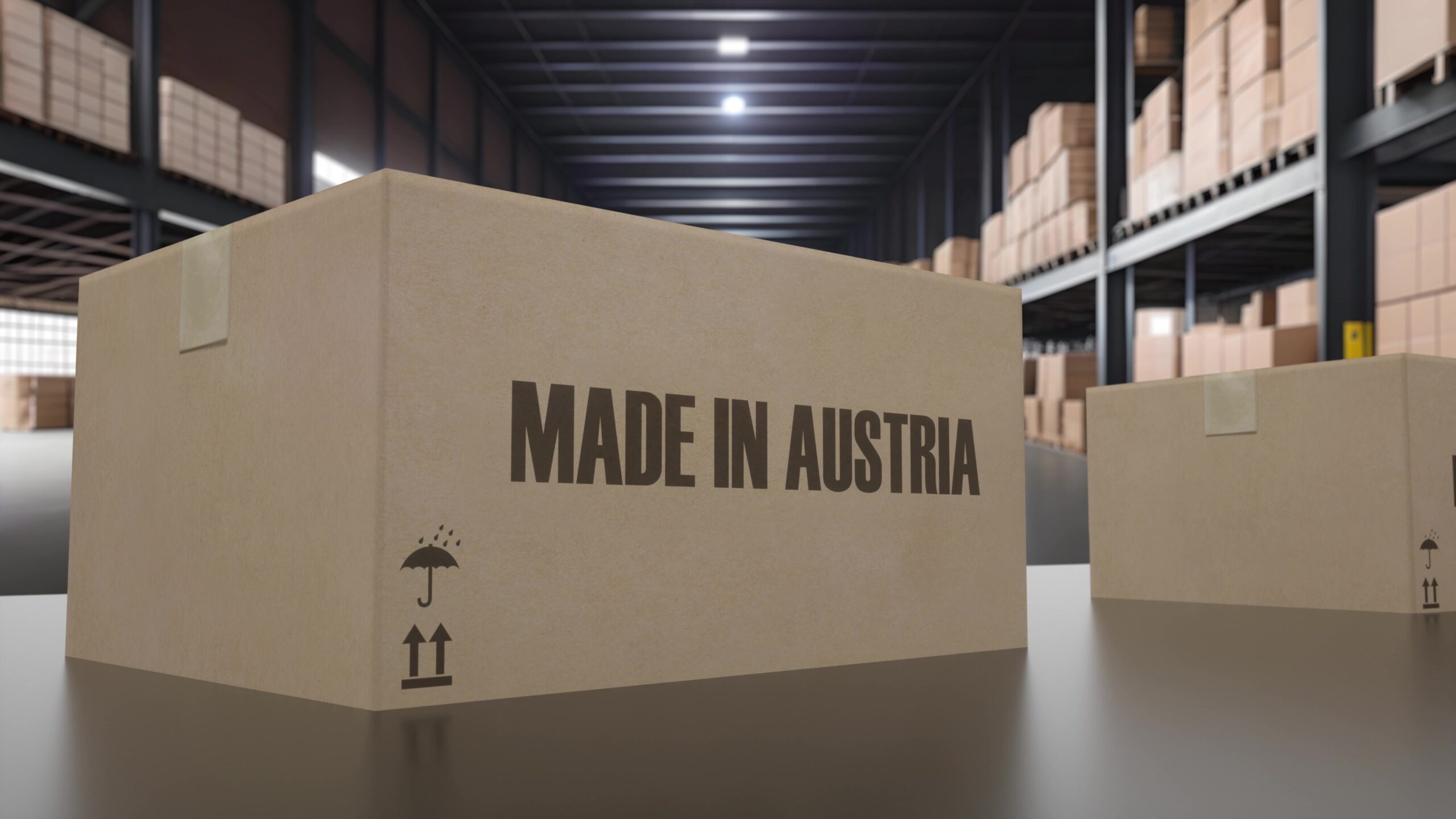 Boxes with MADE IN AUSTRIA text on conveyor. 3d illustration.